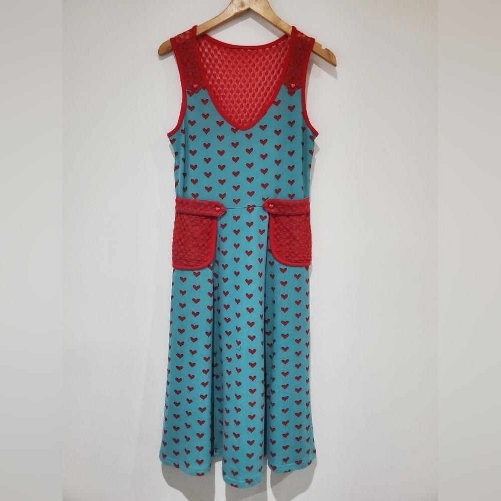 Cottagecore Red & Teal Heart lace Aline Sleeveless Dress size s/m